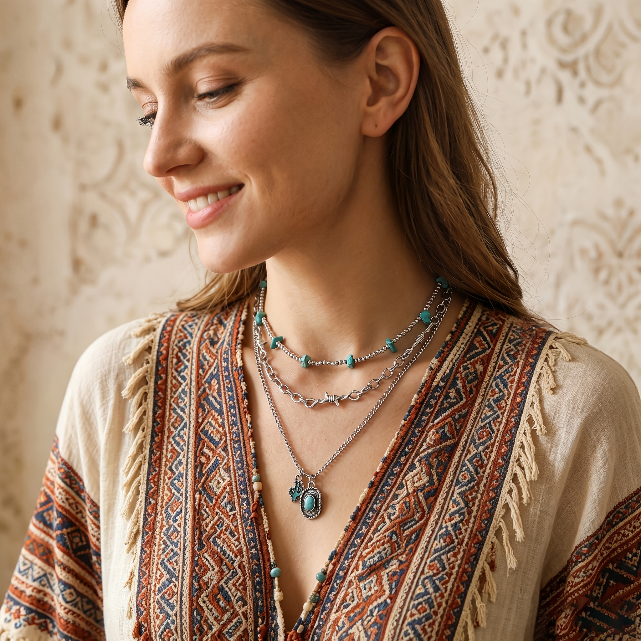 Western Cowboy Style Triple-Layer Turquoise Necklace for Women